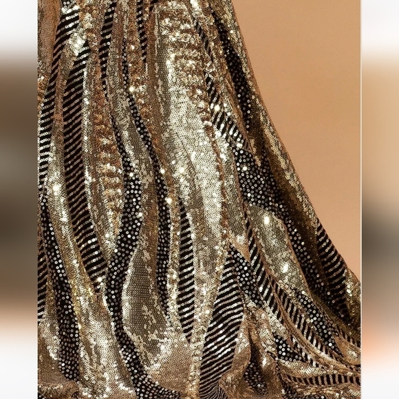 Gold and Bronze, Long Sleeve, Sweetheart Neck, Contrast Sequined and Mesh Gown - Picture 10 of 14